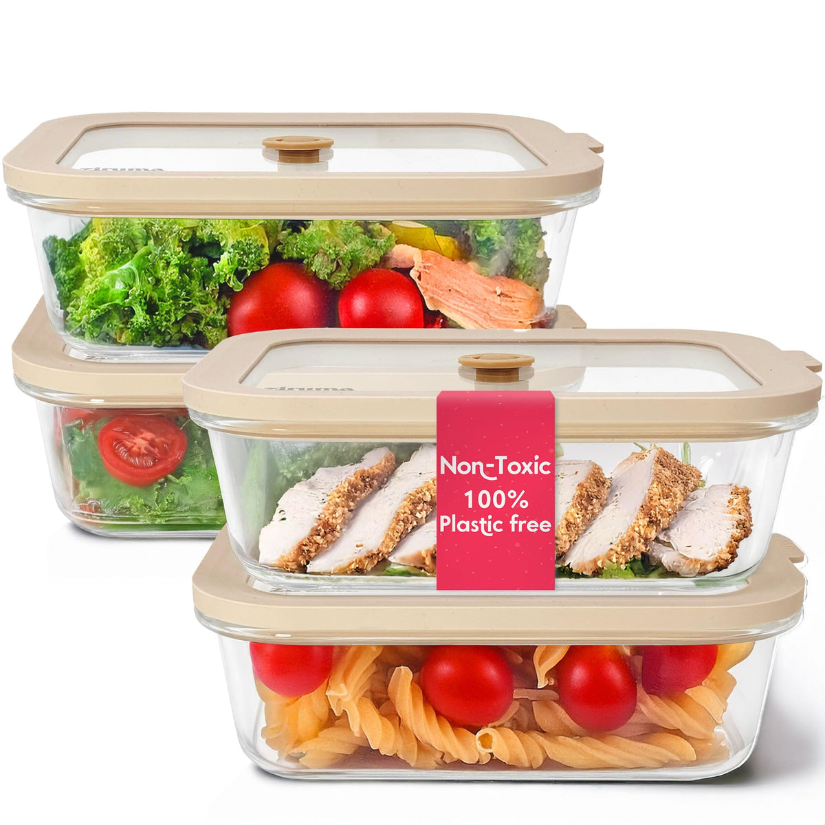 Non-Toxic Glass Food Containers with Lids, 4-Pack, Multi-Size, Beige