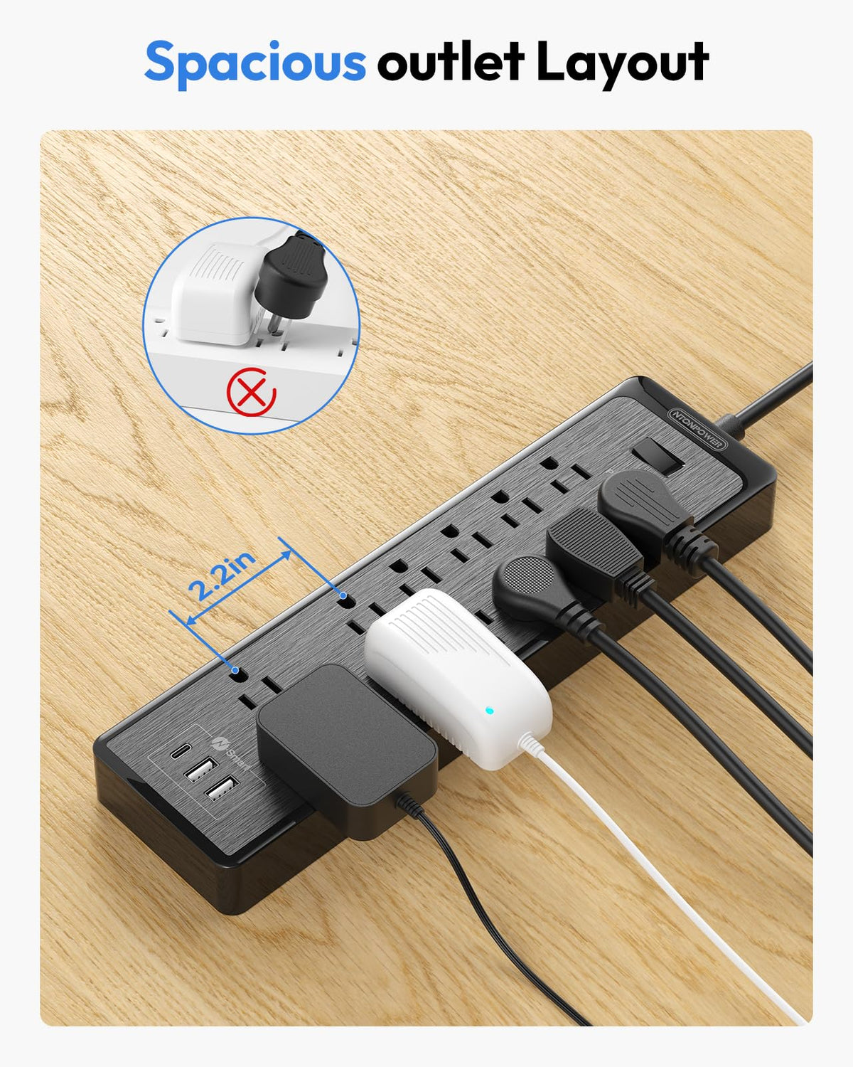 NTONPOWER 25 Ft Extension Cord Flat Plug, 12 Outlets(2 Widely Space) 3 USB with 2100J Power Strip, Overload Protection, 1875W/15A, Wall Mount for Home Office, Workbench or Garage,Black