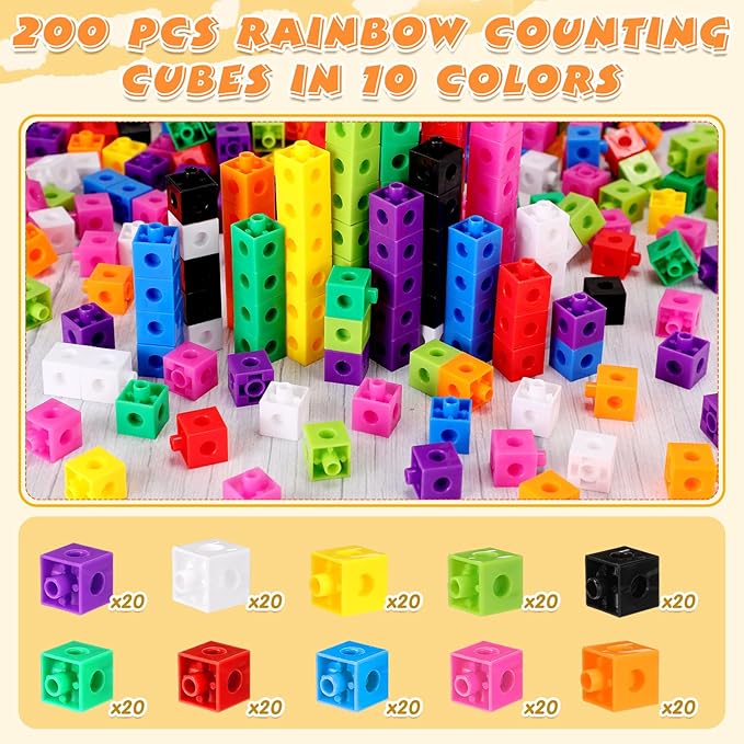 Jenaai 200 Pcs Math Cubes Counting Blocks Linking Connecting Cubes Math Manipulatives with Storage Container Educational Toy for Kids Age 4-8 Kindergarten STEM Activities Preschool(Blue)