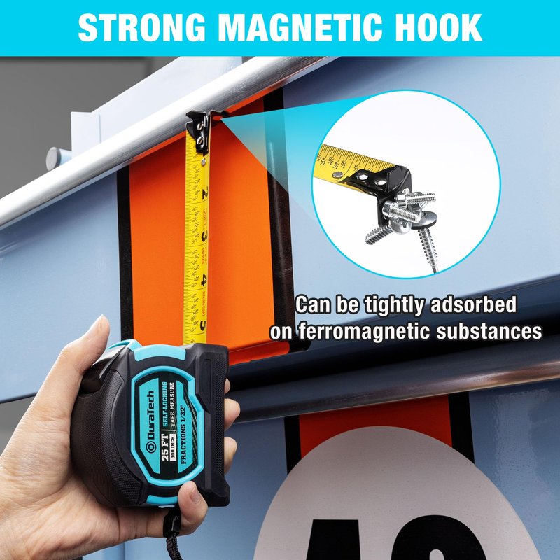DURATECH 25FT Auto-Lock Tape Measure, Easy Read Magnetic Measuring Tape with Fractions 1/8″, Double Sided Measurement Tape with Minimum Scale 1/32″, Magnetic Hook, and Rubber Protective Casing