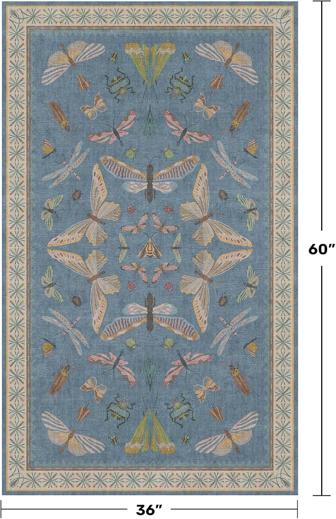 Insect 3x5 Washable Stain Resistant Rugs for Large Kitchen, Ultra Soft Faux Wool Rugs for Kids Bedroom Beside Bed, Non Slip Entry Rug, Low Pile Fade Resistant, Dusty Blue