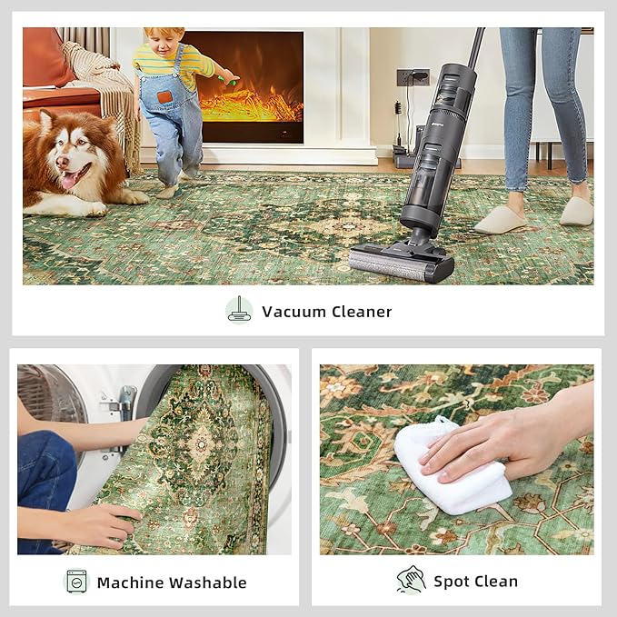 Green Rug 2x5 Runner Rugs Boho Small Washable Area Rugs for Entryway Bathroom Kitchen, Small Rugs Soft Low Pile Non-Slip Rubber Backing Oriental Door Mat