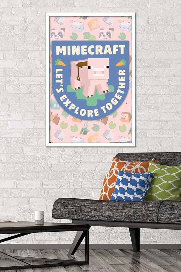 Trends International Minecraft - Let's Explore Together Wall Poster, 34L x 22.4W, White Framed Version