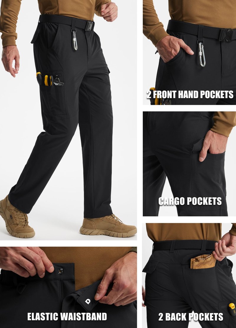 Libin Men's Work Pants Hiking Cargo Pants Water Resistant Stretch Tactical Outdoor Trousers with 9 Pockets, Black, 32W x 32L