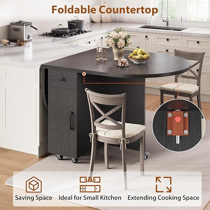 Folding Dining Table for 4 Kitchen Dining Room DinnerTable with Storage Drawer Space Saving Oval Foldable Drop Leaf Gateleg Furniture for Small Space (Black, 51 * 31.5 * 30)