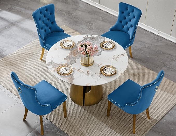 5-Piece Faux Marble Round Dining Table Set for 4, Modern Luxury Kitchen Table Set for 4 with Blue Tufted Chairs,Circle Dining Tables with Pandora Grain Top and Bronze Pedestal Base