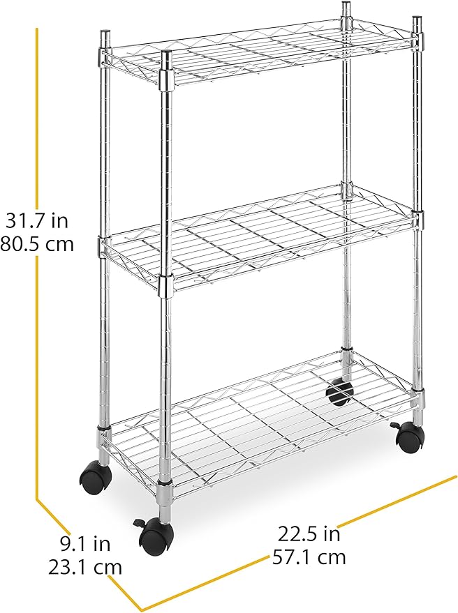 Whitmor 3 Tier Shelving Unit with Wheels, Adjustable Heavy Duty Metal Storage Shelves, 400 lbs Capacity per Shelf, 1200 lbs Total for Home, Garage, Workshop, 23" L x 9" W x 32" H, Chrome