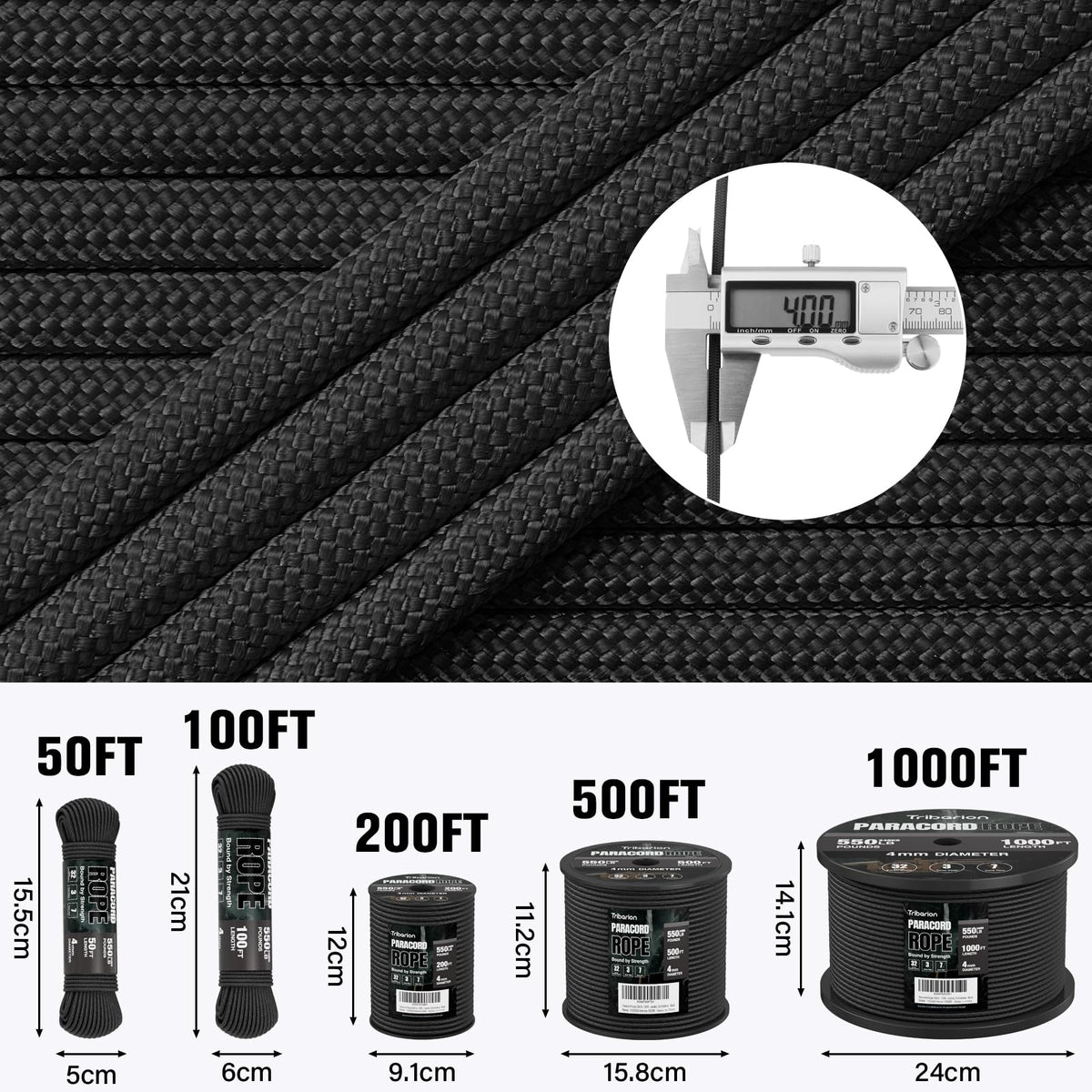 Paracord Rope 550 lb - 1000ft 5/32" Parachute Cord 4MM 7-Strand para Cord - Heavy Duty Spool String for Survival,Camping Gear, Survival Bracelet, Clothesline - Black