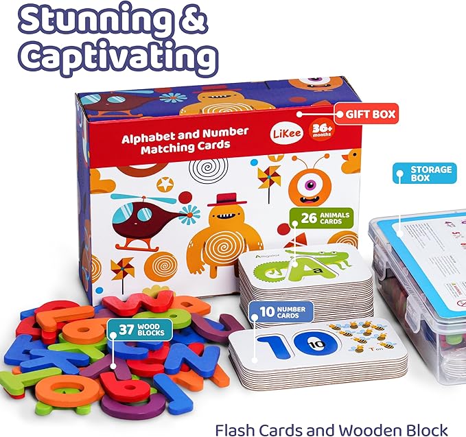 LiKee Alphabet Flash Cards Wooden Letter Puzzle ABC Sight Words Matching Games Counting Board Preschool Educational Montessori Toys for Toddlers Boys Girls 3+ Years (36 Cards& 37 Wood Pieces)