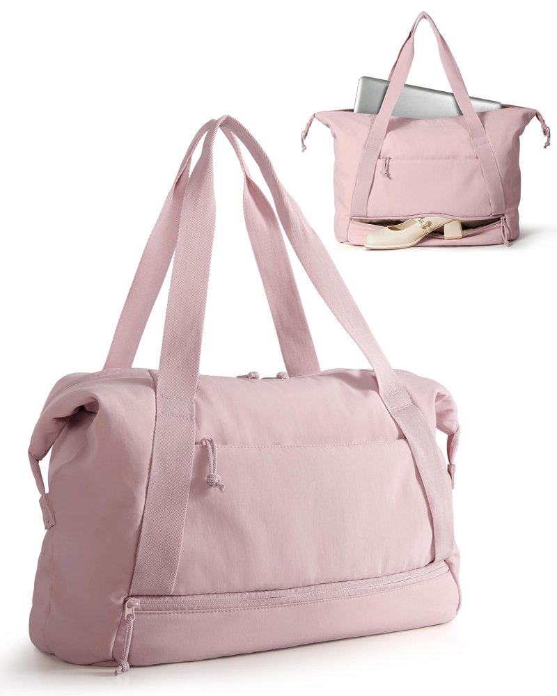 Smasrob Travel Duffle Bag with Shoe Compartment and Laptop Sleeve for Women, Lightweight Weekender Duffel Bag for Travel, Gym, Hospital Labor Delivery, Pink
