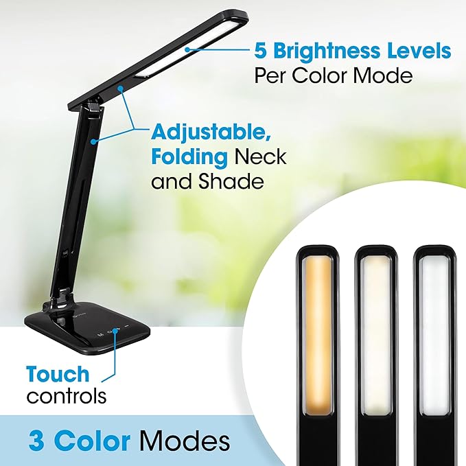 OttLite Slimline LED Desk Lamp – Touch Activated Controls, 3 Brightness Settings, ClearSun LED, Modern Design for Work, Office, or Dorm