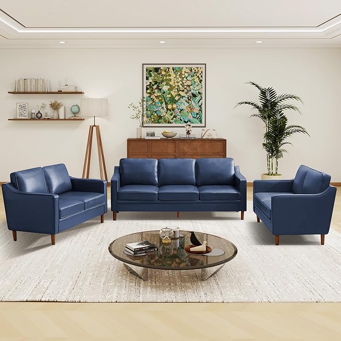 Kingfun Living Room Furniture Sets, Armchair and 2 Loveseat, Mid Century Modern Sofa Set, Faux Leather Couch with Solid Wood Frame for Living Room & Bedroom, Royal Blue
