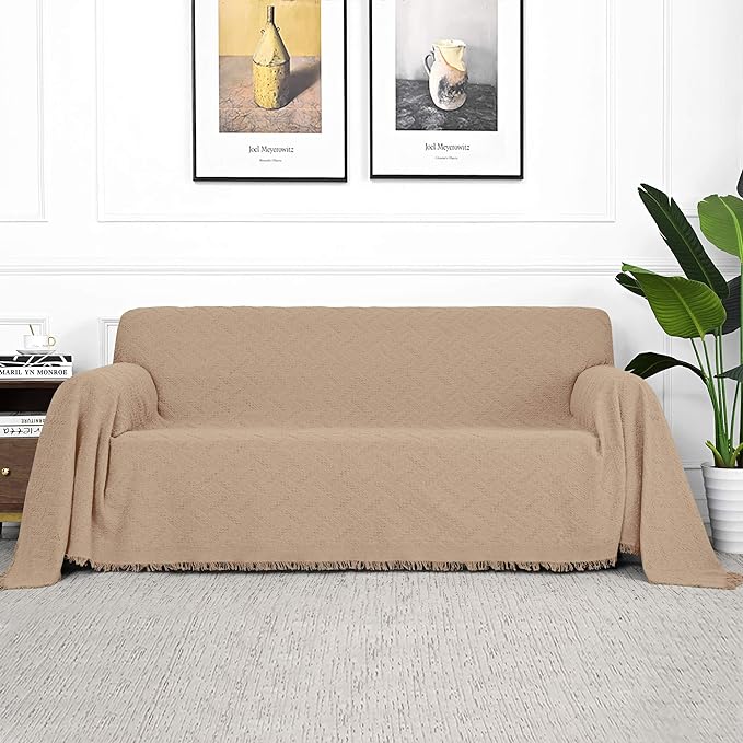MYSKY HOME Sofa Cover Couch, Covers for 2 Cushion Couch, Geometrical Couch Cover Living Room Sofa Throws Sofa Slipcovers for Pets, Kids (Large, 71" x 102", Khaki)
