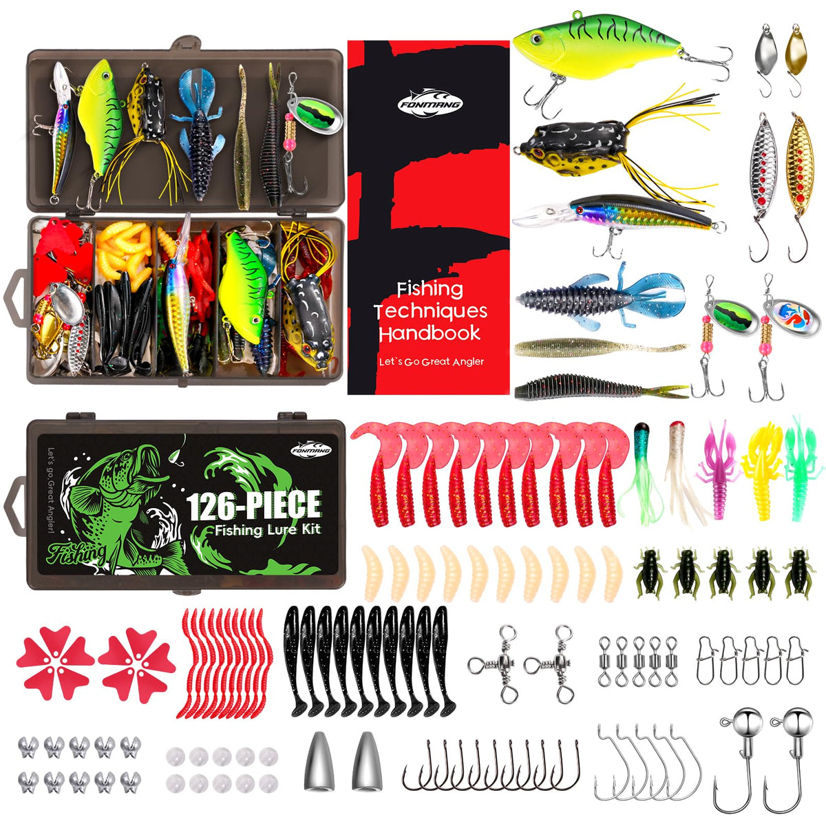 FONMANG 126Pcs Fishing Lures - 2025 New Tackle Box with Tackle Included, Fishing Kit with VIBs, Frogs, Minnows, Soft Baits, Hooks & Weights Accessories, Freshwater Lure Kit for Bass Walleye Trout