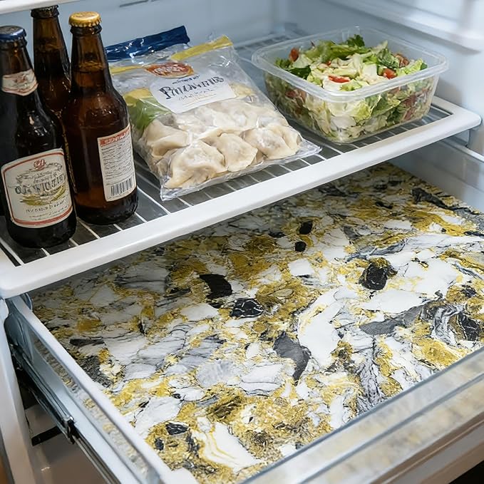 Drawer and Shelf Liner - Yellow Black Marble Pattern,Non Adhesive Non Slip Waterproof Easy-Clean Liner for Kitchen Cabinet, Refrigerator, Bathroom, Pantry Storage Drawers, 12 in x 20 Ft