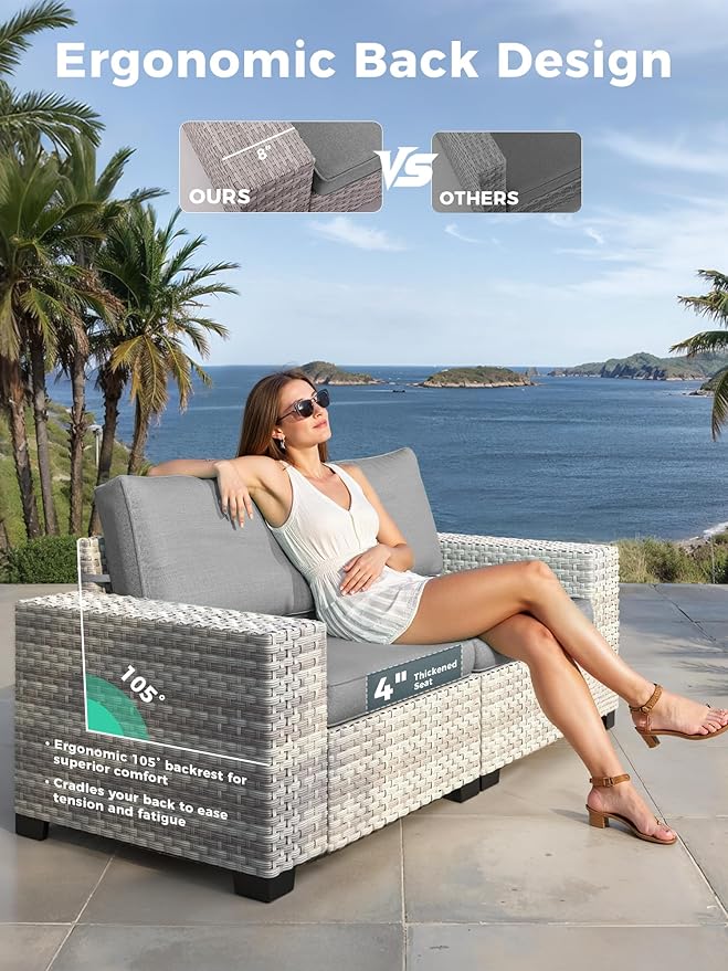 7 Piece Outdoor Wicker Rattan Sectional Sofa Set with Fire Pit Table, 5-Seats Conversation Set with 4" Thickened Cushions & Coffee Table, All-Weather PE Rattan for Garden, Backyard, Porch, Grey