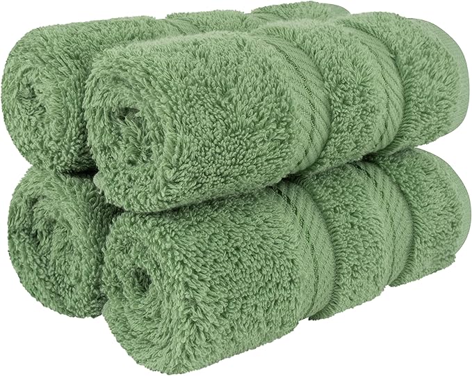 American Soft Linen Luxury Washcloths for Bathroom, 600 GSM 100% Cotton 4 Piece Turkish Wash Cloth Set, 13x13 in Soft Rags for Body and Face, Sage Green Washcloths