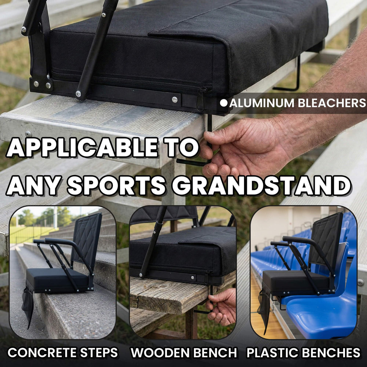 Sheenive Stadium Seats for Bleachers with Back Support (2 Pack) - 2.8'' Thick Wide Cushion & Padded Armrests, Cup Holder, Pockets, Carry Strap for Sports Events