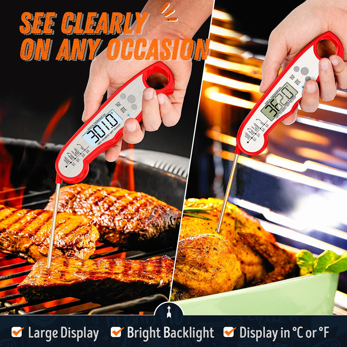 Digital Meat Thermometer, Waterproof Instant Read Food Thermometer for Cooking and Grilling, Kitchen Gadgets, Accessories with Backlight & Calibration for Candy, BBQ Grill, Liquids, Beef, Turkey…