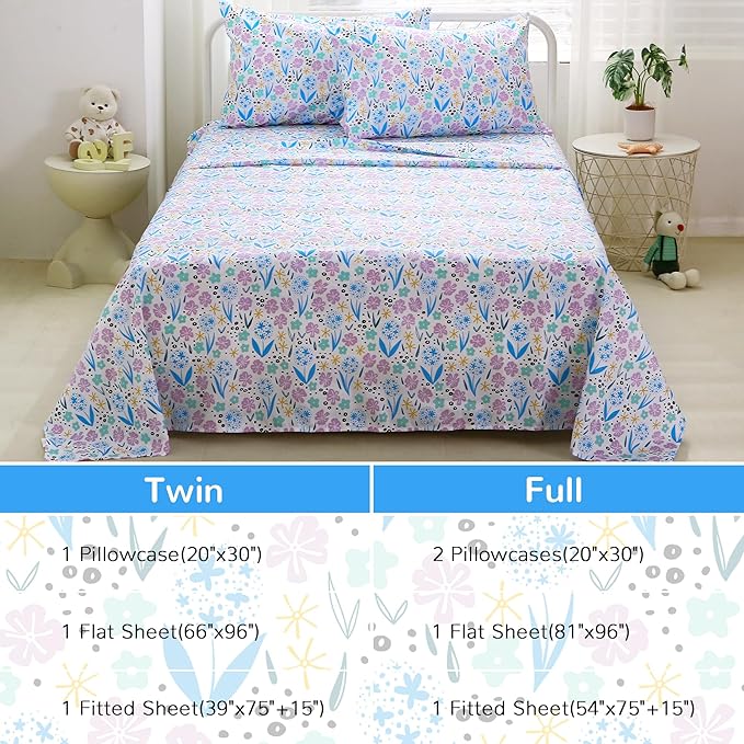Viviland 3 Pieces Girls Purple Floral Twin Sheet Set - Soft Microfiber Fitted Flat Sheets & Pillowcase - Purple Colorful Flower Print Bedding Sets - for Kids & Toddlers