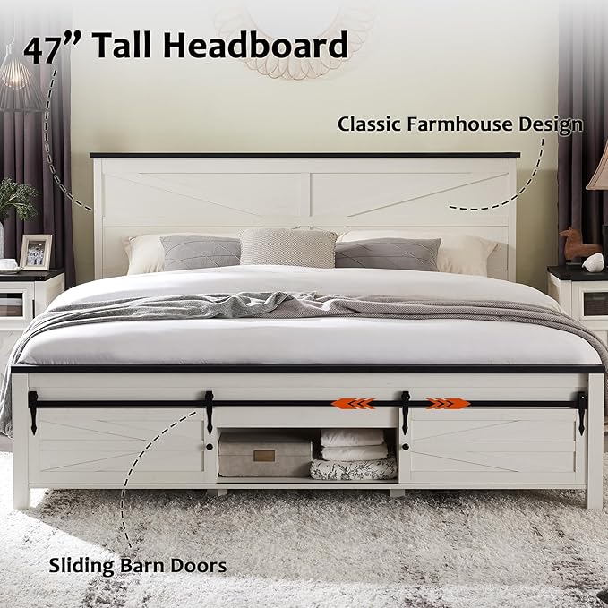 JXQTLINGMU Farmhouse Queen Size Bed Frame with 47" Tall Headboard, Wood Queen Bed Frame with Storage Cabinet, Solid Wood Slats Support, Noiseless, No Box Spring Needed (Antique White)