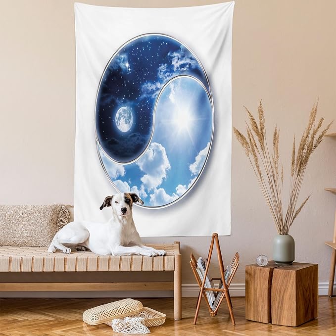 Ambesonne Space Tapestry, Yin Yang World Moon and Sun Harmony of the Universe Art Print, Wall Hanging for Bedroom Living Room Dorm Decor, 60" X 80", Navy Blue Sky Blue White