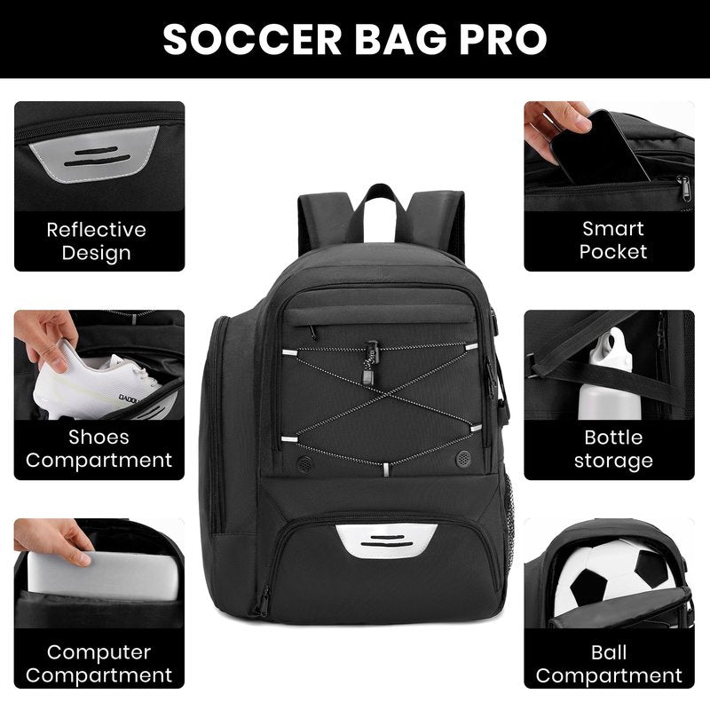 HMLIN OUTOOORS Soccer Backpack with Ball Holder,Youth soccer Bag for Basketball,Volleyball-Includes Separate Shoe Compartment&and Insulation (Black)
