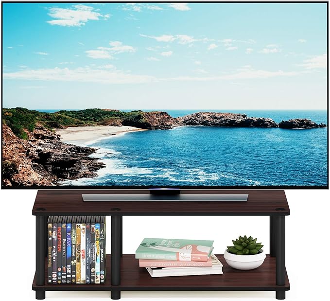 Furinno JUST TV Stand, 2-Tier No Tools Mid Entertainment Center with Open Shelf, TV Console for TV up to 46 Inch with Tubes, for Living Room, Bedroom, Dark Cherry