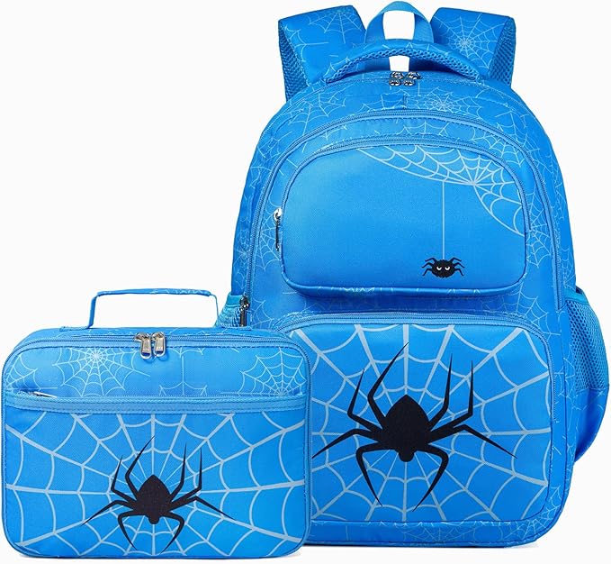 Kids Backpack Boys Spider Backpack with Lunch Box Kindergarten Elementary Middle School Toddler Bookbag for Boys Ages 4-14, Spider-Blue