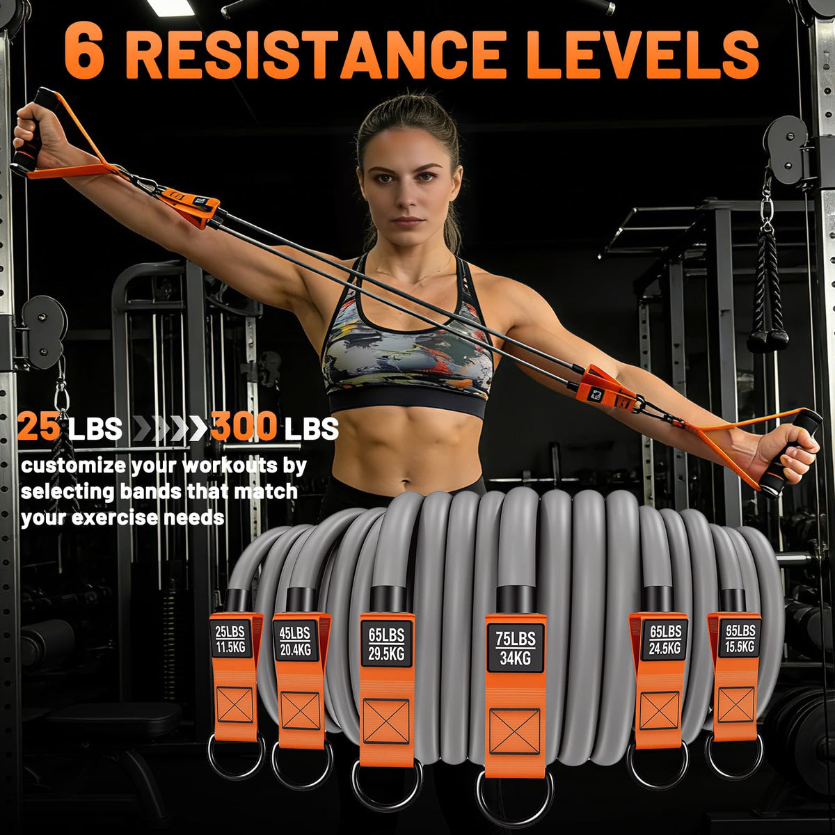 Exercise Resistance Bands Set with Handles, Ankle Straps & Door Anchor – 300LBS Heavy Duty Bands for Home Gym, Muscle Training, Physical Therapy, Yoga, Full Body Workout for Men & Women (Orange Gray)