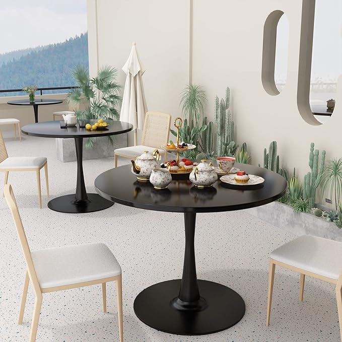 DKLGG Black Round Dining Table, 31.5" Tulip Table Kitchen Dining Table for 2-4 People with MDF Top & Pedestal Base, Mid-Century End Leisure Coffee Office Living Room Table