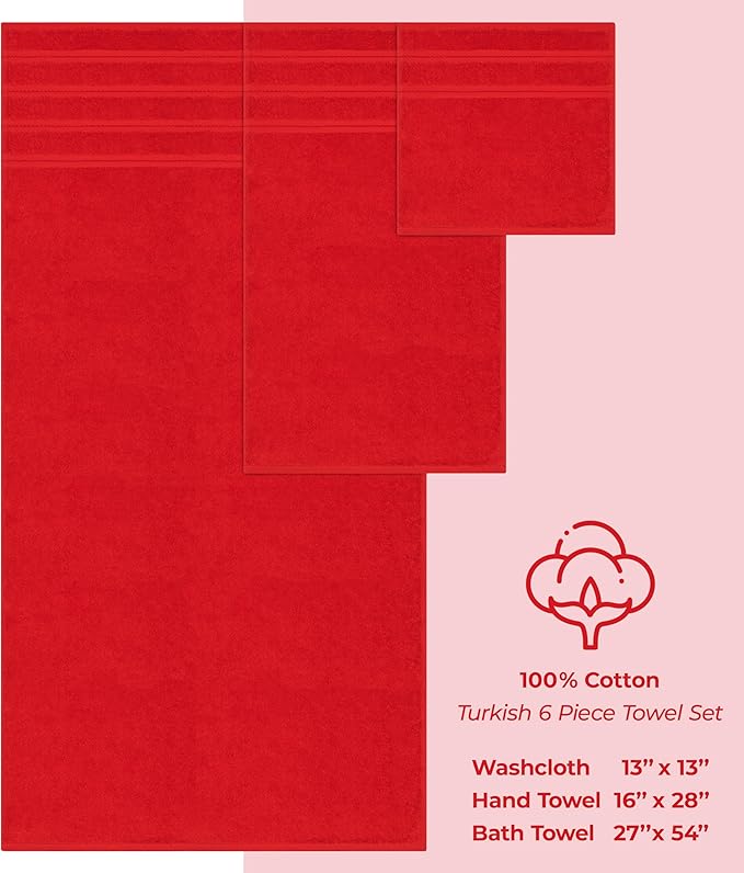 American Soft Linen Luxury 6 Piece Towel Set, 2 Bath Towels 2 Hand Towel 2 Washcloths, 600 GSM 100% Cotton Turkish Towels for Bathroom, Red Towel Sets