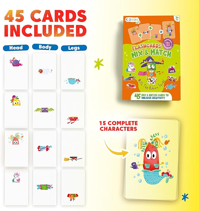Kidrox Mix & Match Character Building Flash Cards, Transparent Layerable Learning Cards, 45 Pack