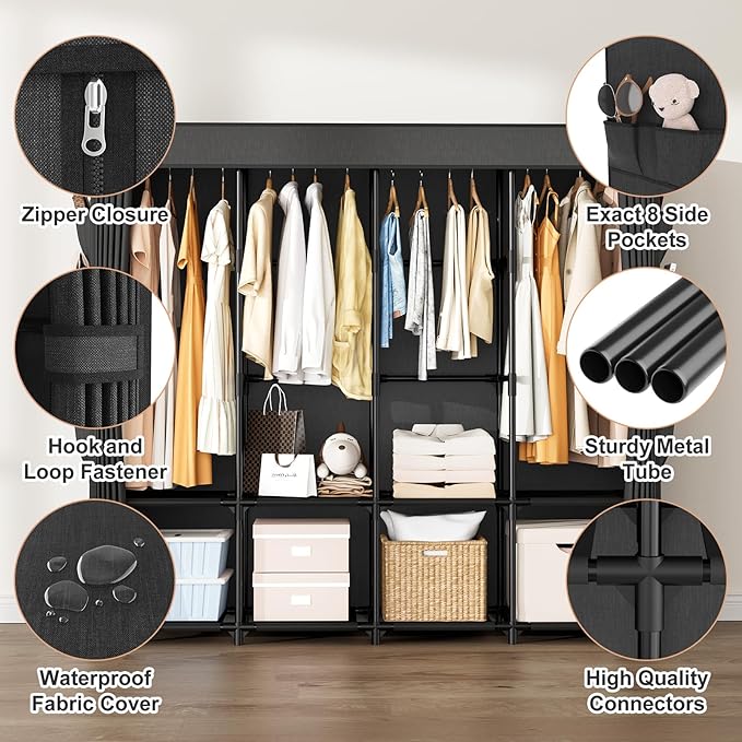 Portable Closet for Hanging Clothes, 67 Inch Wide Portable Wardrobe Closet with Cover, 4 Hanging Rod, Storage Shelves and Side Pockets, Large Free Standing Closet for Bedroom, Black