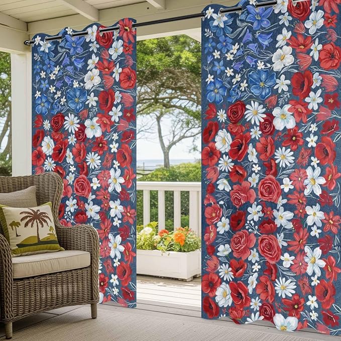 4th of July Outdoor Curtains for Patio Patriotic Flowers Farmhouse Red