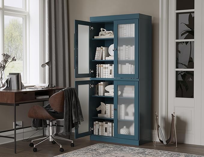 Palace Imports Solid Wood Bookcase w/Frosted Glass Doors & Adjustable Shelves for Living Room - 6-Tier Tall Bookshelf, 71.5" H x 32” W - Teal Blue, 100% Renewable Eco-Friendly Wood, Made in Brazil