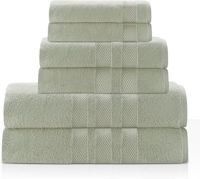 Zero Twist Bathroom Towel Set - Luxury Bath Towel Sets for Bathroom, Hands, and Washcloths - Quick Dry and Absorbent - 6 Pieces, 3 Stripe, Sage
