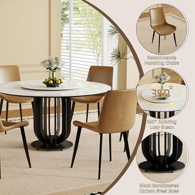 Dining Table Set with 4 Chairs, 59" Round Modern Marble Dining Table with Lazy Susan, Sintered Stone Top for Kitchen, Dining Room, Dinette