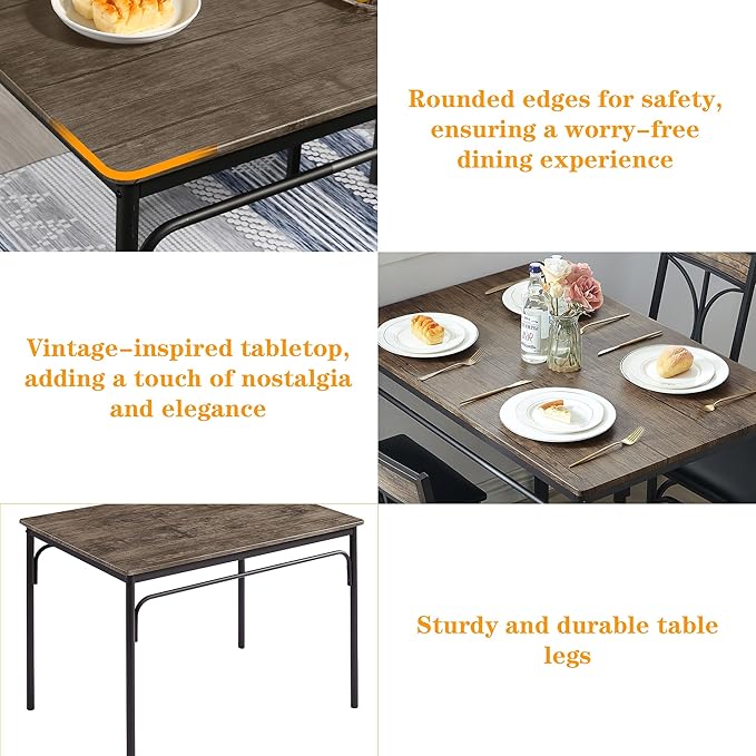 VECELO 5-Piece Dining Table Set for Home Kitchen Small Space Breakfast Nook, 4 Faux Leather Metal Frame Chairs, Brown,Set for 4