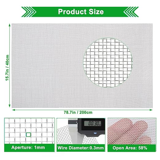 20mesh Stainless Steel Mesh Screen, 15.7"x78.7" Metal Mesh Screen, 1mm Hole