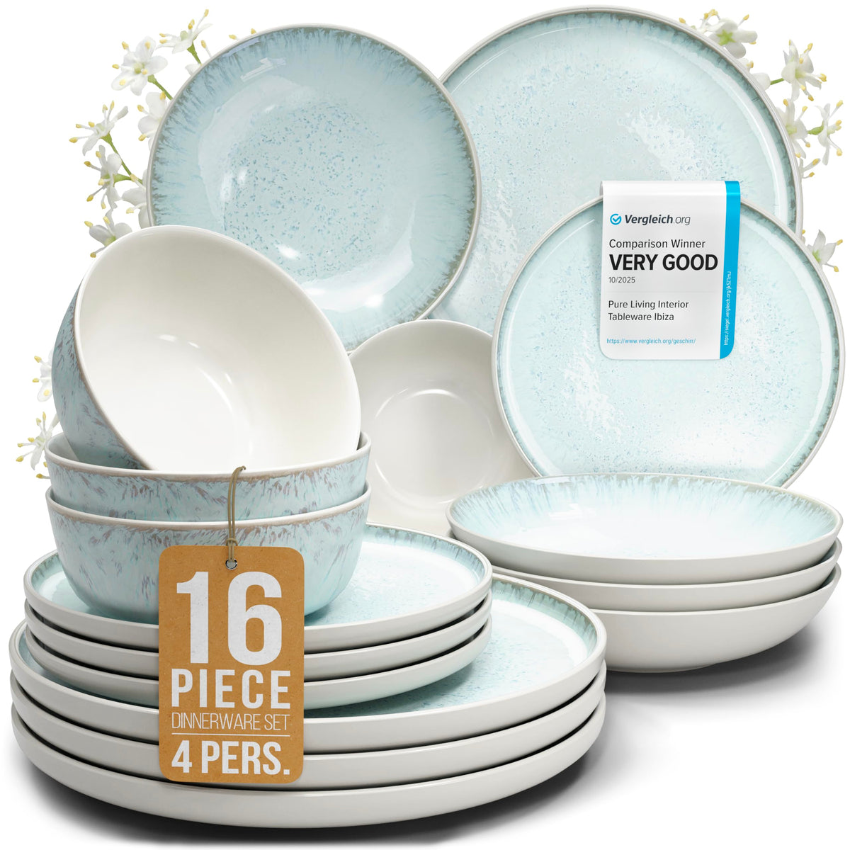 24 Piece Stoneware Dinnerware Set for 8, Handmade Plates and Bowls Set