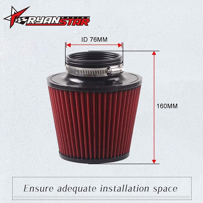 RYANSTAR 76mm 3" High Flow Round Tapered Cone Cool Air Filter Cleaner