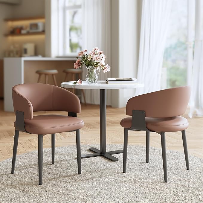 Modern Dining Chairs Set of 6, Faux Leather Upholstered Kitchen Chairs with Curved Back and Metal Legs, Mid Century Chairs for Dining Room, Kitchen, or Café (Brown)