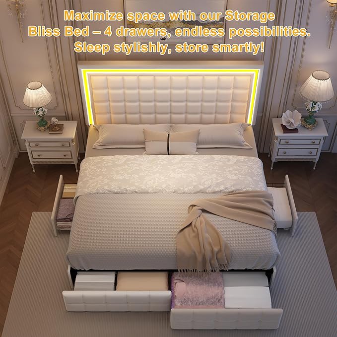 King Bed Frame with LED Lights & Storage Drawers, No Box Spring Needed, Heavy Duty 900lbs Weight Capacity, Easy Assembly, Modern Upholstered Platform Bed, Velvet Cream