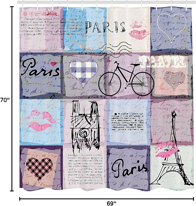 Ambesonne Paris Shower Curtain, Grunge Textured Retro Collage of France Famous Object Eiffel Tower Europe Theme, Cloth Fabric Bathroom Decor Set with Hooks, 69" W x 70" L, Multicolor Lilac