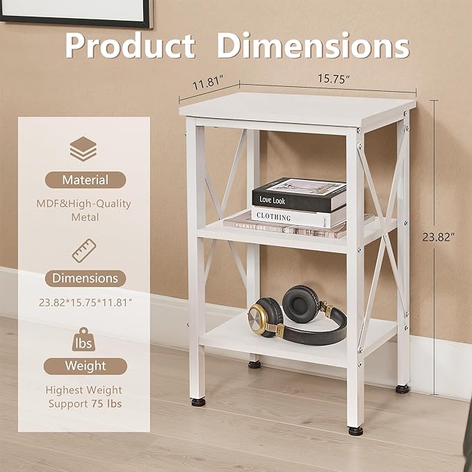 VECELO End Table Set of 2, Bedside Table, 24" Tall Living Room End Tables, X-Design Reinforced Nightstands, Side Table with 3-Tier Storage Shelves for Small Spaces, Office, Bedroom, Pearl White