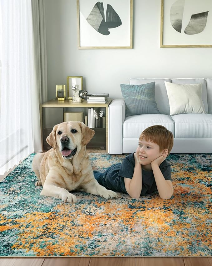 Washable Area Rug for Living Room: 10X14 Modern Abstract Neutral Soft Rug for Bedroom Dining Room No Slip Low Pile Carpet for Nursery Home Office - Teal/Orange
