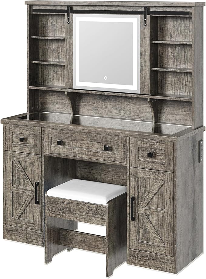 Farmhouse Makeup Vanity Desk with Sliding Mirror and Lights, 47'' Glass Tabletop Vanity Table with Charging Station, Large Vanity Set with Drawers, Stool, Barn Door Dressing Cabinets, Gray