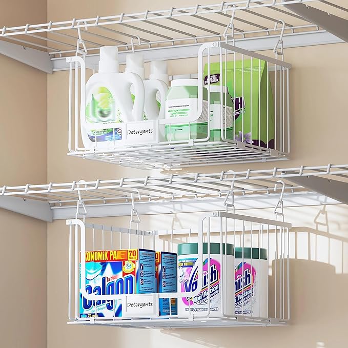 5-Tier Hanging Laundry Room Organizer with Label Cards,Foldable Wire Shelf Basket with 4 Rotating Hooks,Stacked Laundry Basket Organizer,Storage Rack for Laundry Rooms,Closet and Pantry-White
