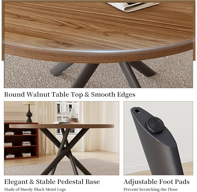 45.3 Inch Round Dining Table Set for 4, Mid Century Modern Small Coffee Set for Dining Room Kitchen Apartment (Light Walnut + 4 U-Shaped Black Chairs)